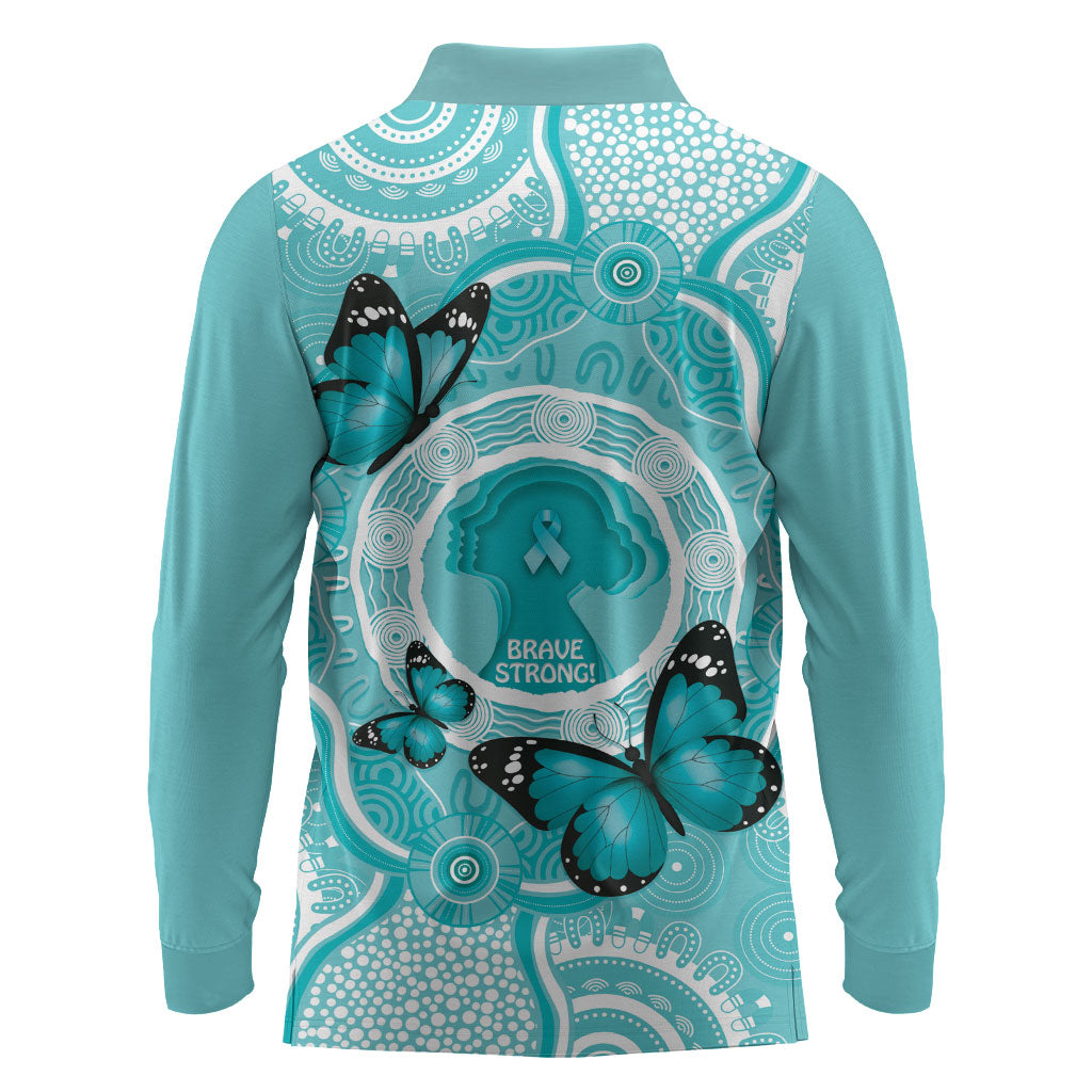 Australia Cervical Cancer Support Long Sleeve Polo Shirt Brave Strong Butterfly Aboriginal Art