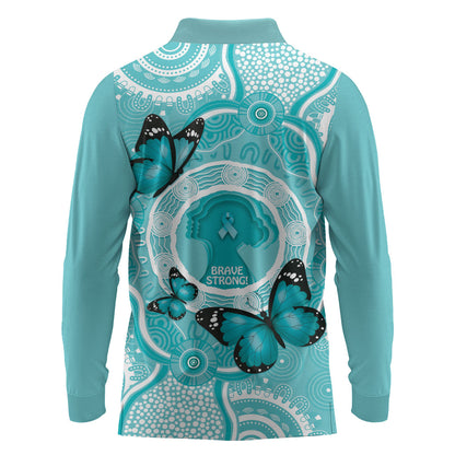 Australia Cervical Cancer Support Long Sleeve Polo Shirt Brave Strong Butterfly Aboriginal Art