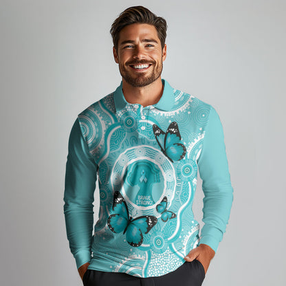 Australia Cervical Cancer Support Long Sleeve Polo Shirt Brave Strong Butterfly Aboriginal Art