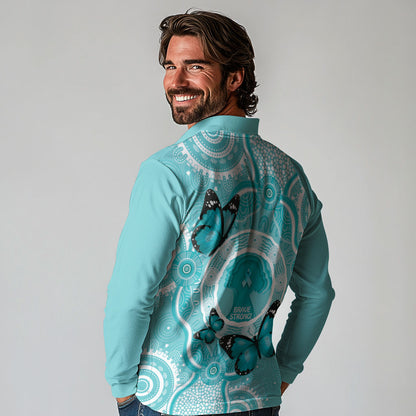 Australia Cervical Cancer Support Long Sleeve Polo Shirt Brave Strong Butterfly Aboriginal Art