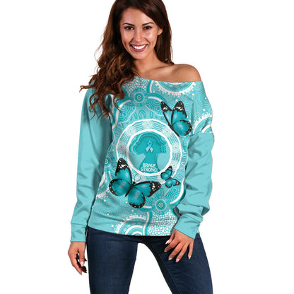 Australia Cervical Cancer Support Off Shoulder Sweater Brave Strong Butterfly Aboriginal Art