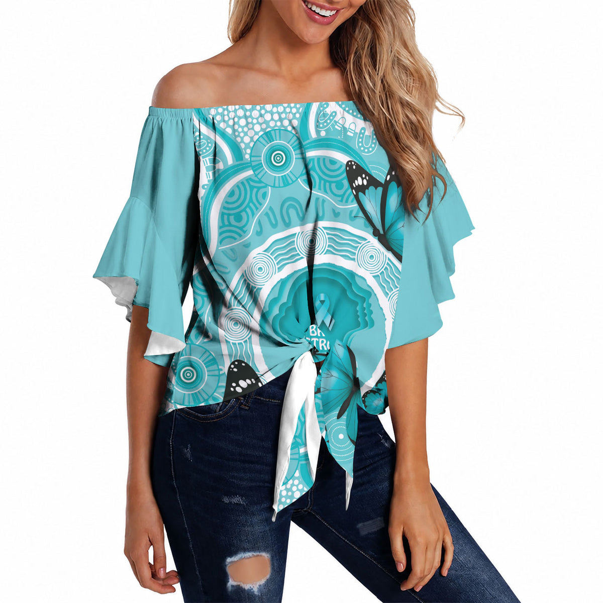 Australia Cervical Cancer Support Off Shoulder Wrap Waist Top Brave Strong Butterfly Aboriginal Art