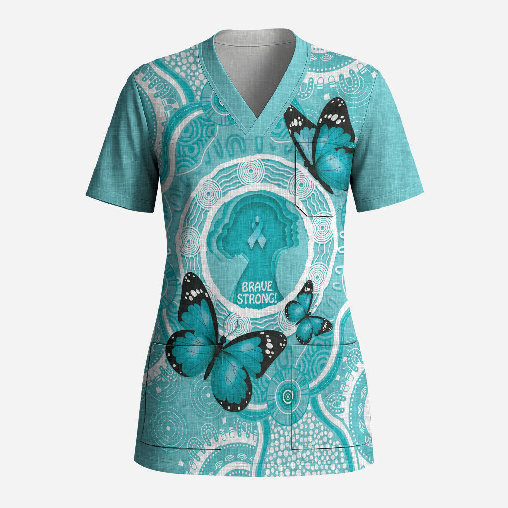 Australia Cervical Cancer Support Scrub Top Brave Strong Butterfly Aboriginal Art