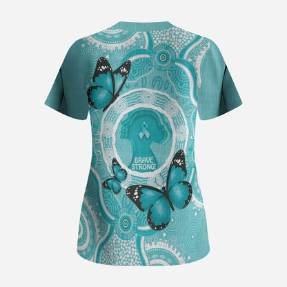Australia Cervical Cancer Support Scrub Top Brave Strong Butterfly Aboriginal Art