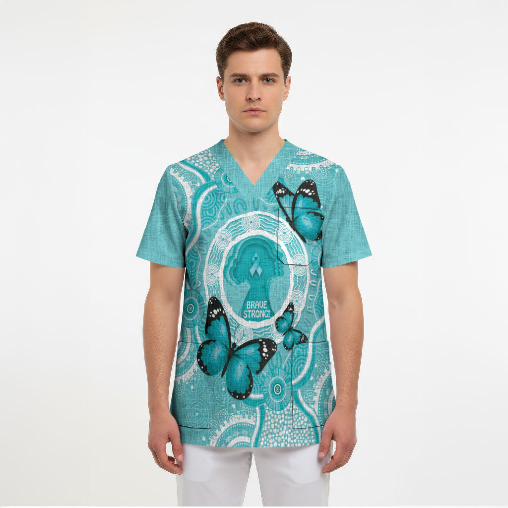 Australia Cervical Cancer Support Scrub Top Brave Strong Butterfly Aboriginal Art