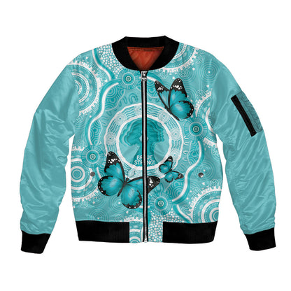 Australia Cervical Cancer Support Sleeve Zip Bomber Jacket Brave Strong Butterfly Aboriginal Art