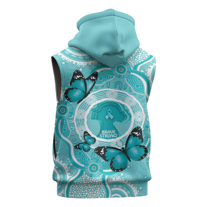 Australia Cervical Cancer Support Sleeveless Hoodie Brave Strong Butterfly Aboriginal Art
