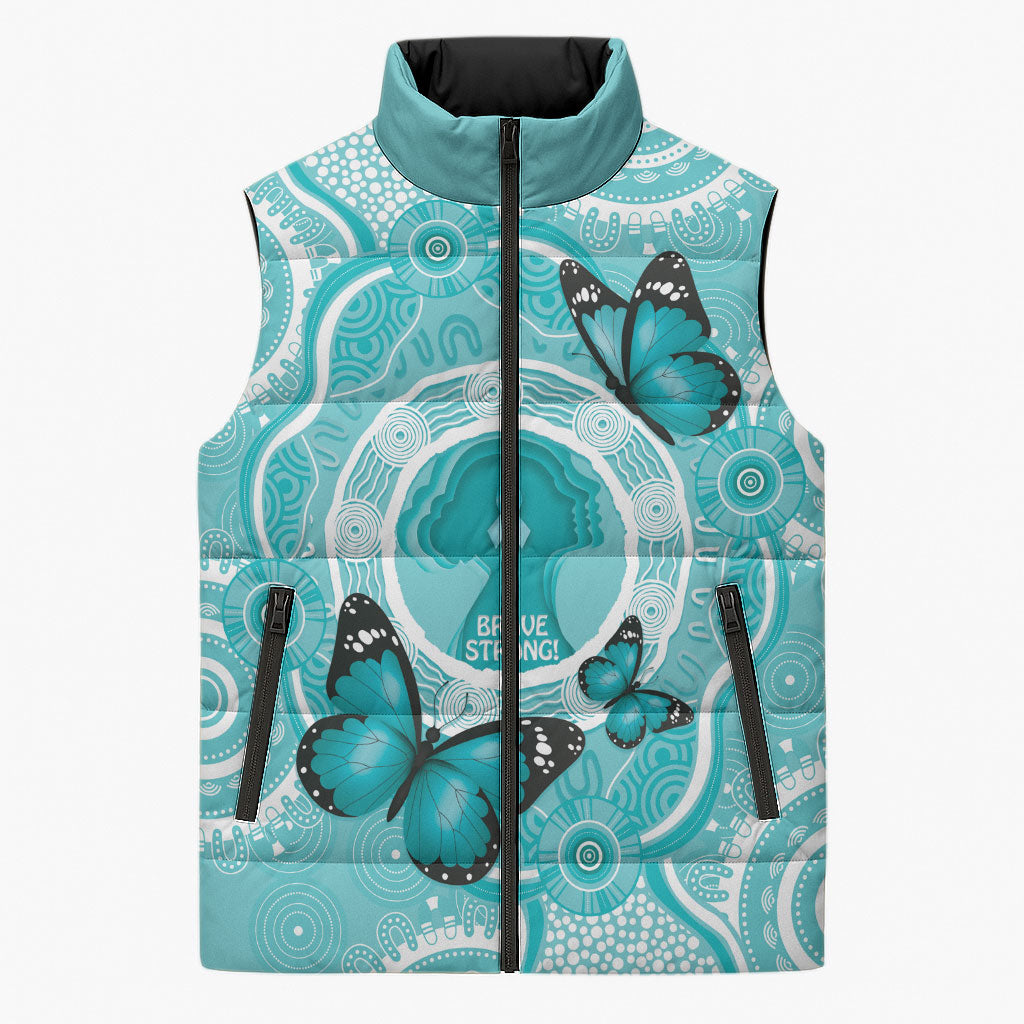 Australia Cervical Cancer Support Sleeveless Puffer Jacket Brave Strong Butterfly Aboriginal Art