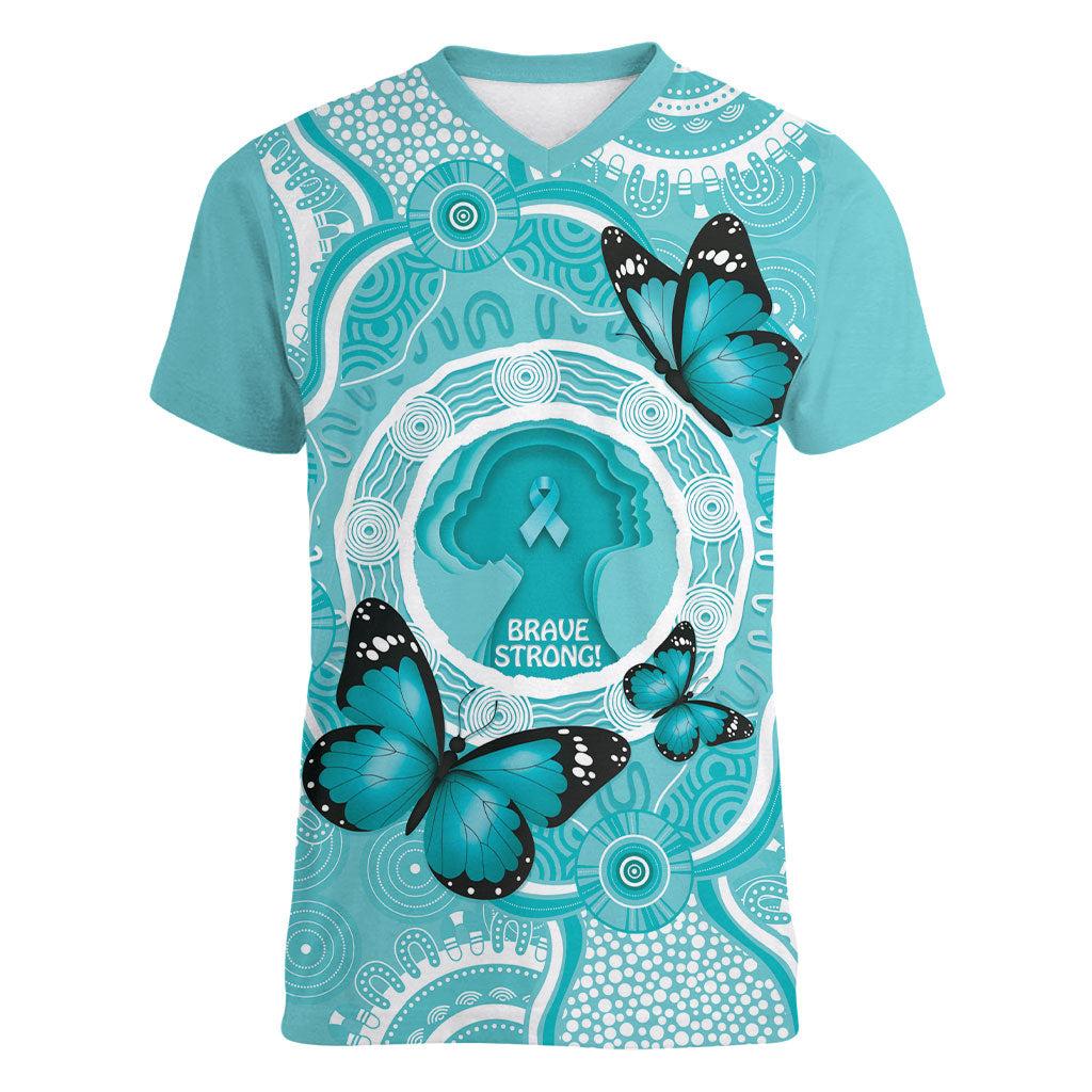 Australia Cervical Cancer Support Women V-Neck T-Shirt Brave Strong Butterfly Aboriginal Art