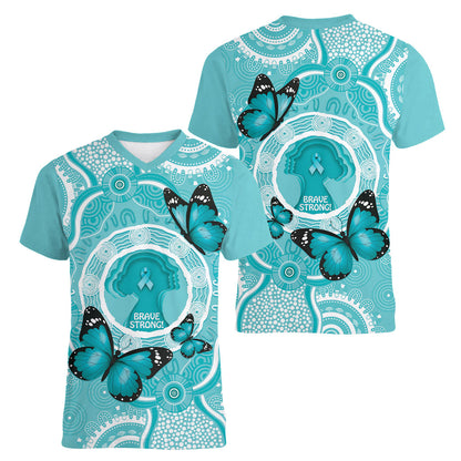 Australia Cervical Cancer Support Women V-Neck T-Shirt Brave Strong Butterfly Aboriginal Art