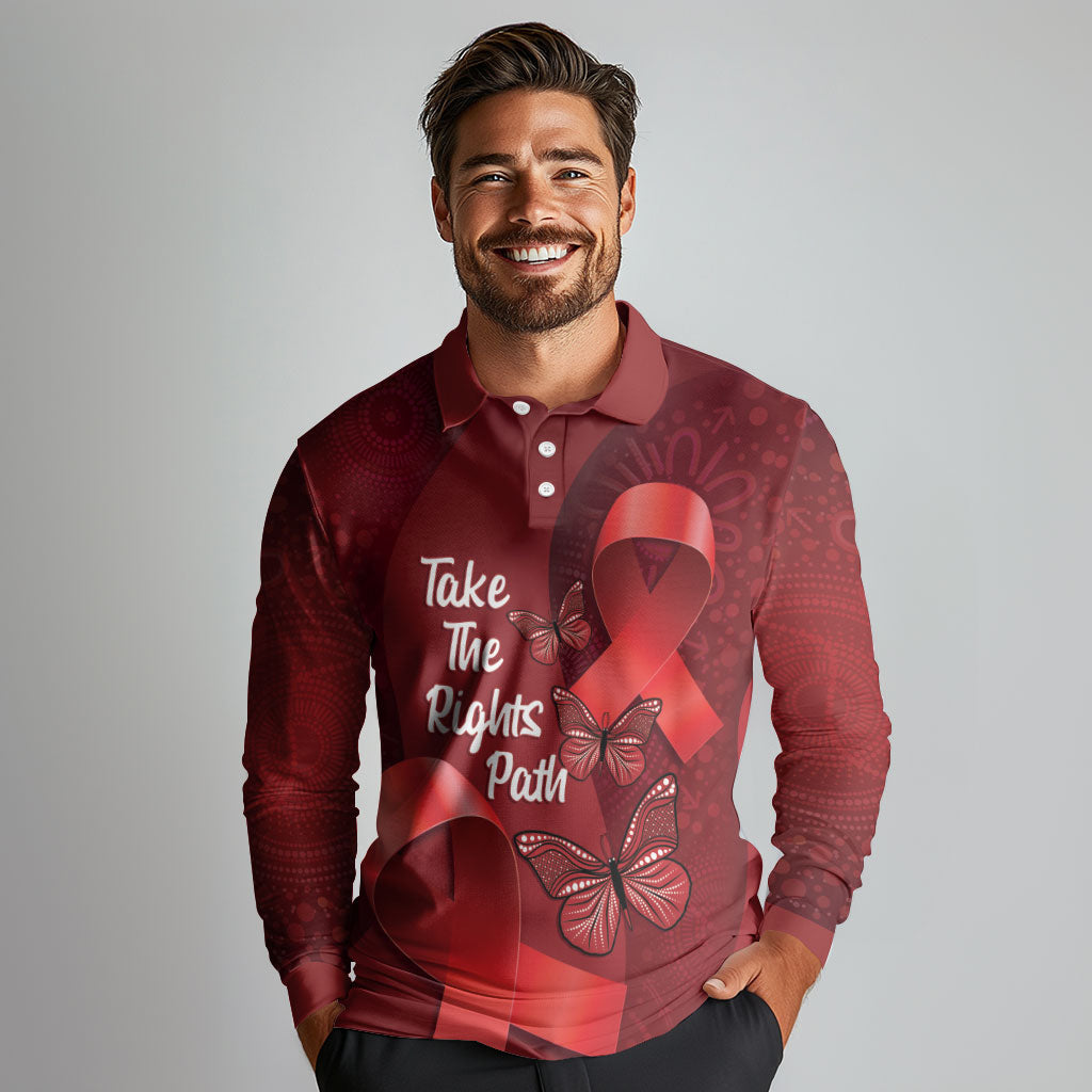 Australia AIDS Support Long Sleeve Polo Shirt Take The Rights Path Aboriginal Art