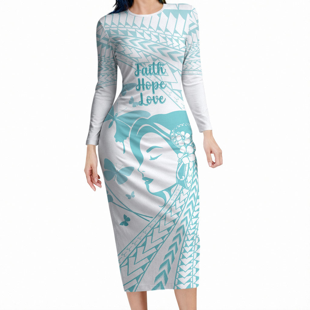 Polynesia Cervical Cancer Support Long Sleeve Bodycon Dress Polynesian Women Faith Hope Love