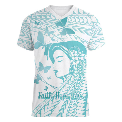 Polynesia Cervical Cancer Support Women V-Neck T-Shirt Polynesian Women Faith Hope Love