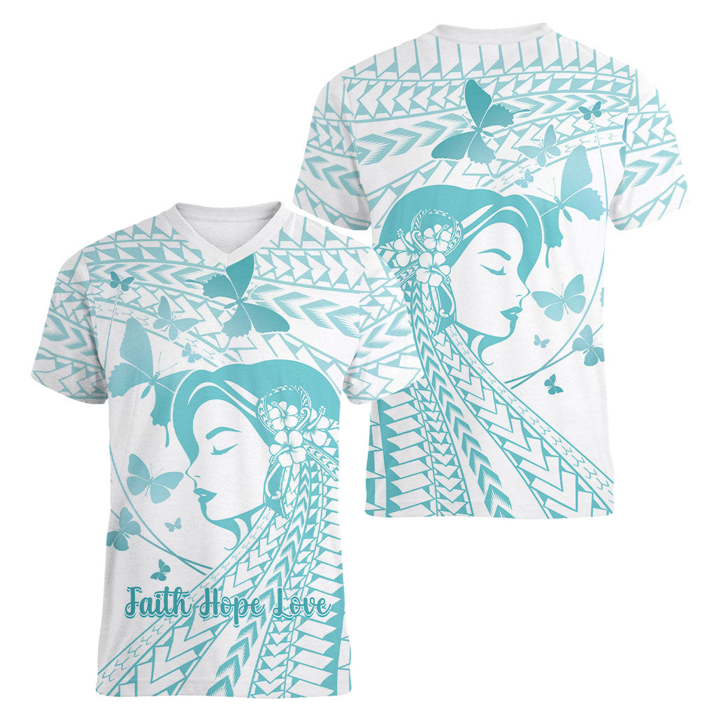 Polynesia Cervical Cancer Support Women V-Neck T-Shirt Polynesian Women Faith Hope Love