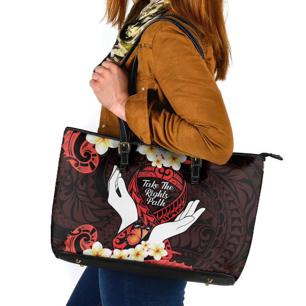 Polynesia AIDS Support Leather Tote Bag Take The Rights Path Polynesian Pattern