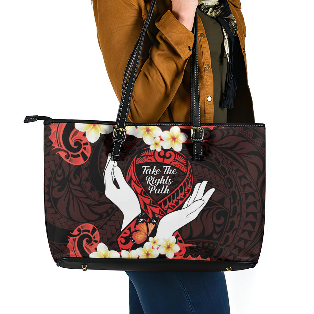 Polynesia AIDS Support Leather Tote Bag Take The Rights Path Polynesian Pattern