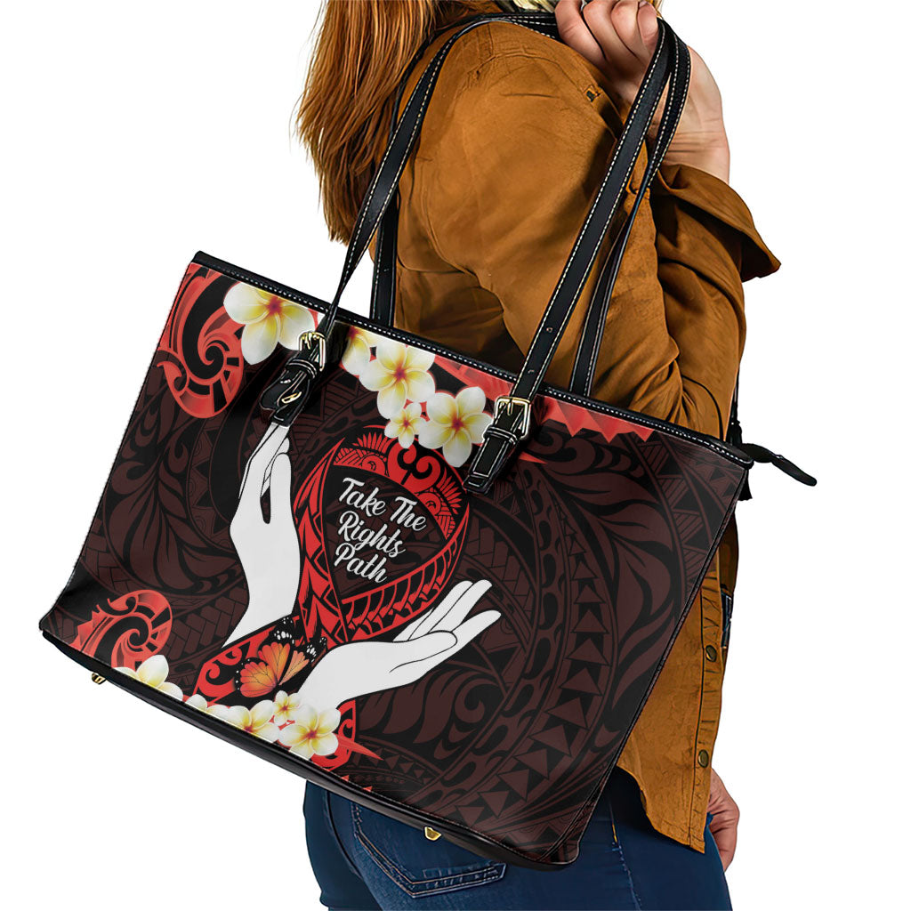 Polynesia AIDS Support Leather Tote Bag Take The Rights Path Polynesian Pattern