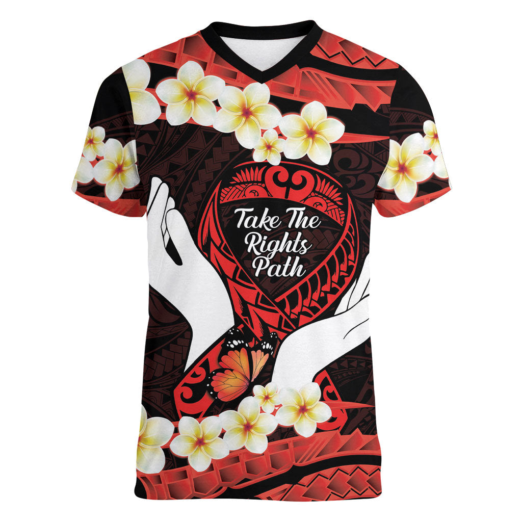 Polynesia AIDS Support Women V-Neck T-Shirt Take The Rights Path Polynesian Pattern