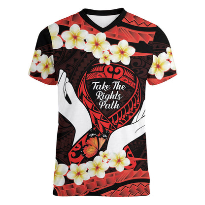 Polynesia AIDS Support Women V-Neck T-Shirt Take The Rights Path Polynesian Pattern