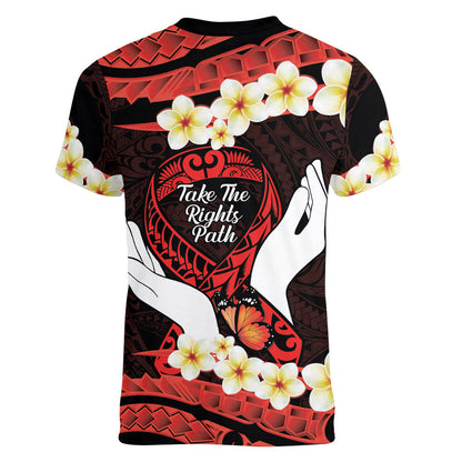 Polynesia AIDS Support Women V-Neck T-Shirt Take The Rights Path Polynesian Pattern