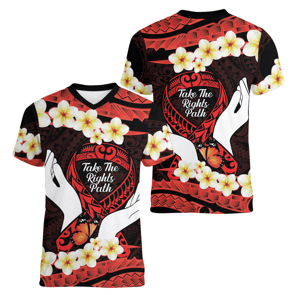 Polynesia AIDS Support Women V-Neck T-Shirt Take The Rights Path Polynesian Pattern