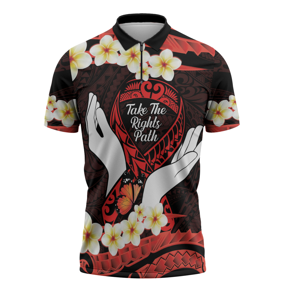 Polynesia AIDS Support Zipper Polo Shirt Take The Rights Path Polynesian Pattern