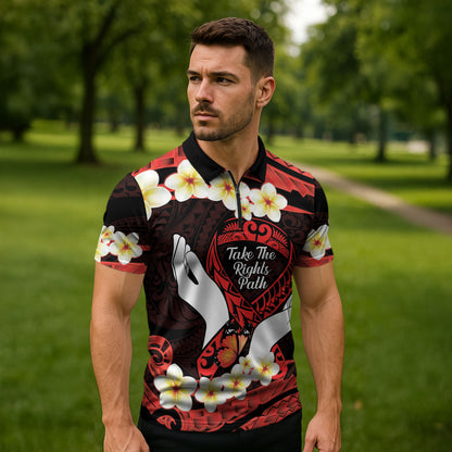 Polynesia AIDS Support Zipper Polo Shirt Take The Rights Path Polynesian Pattern