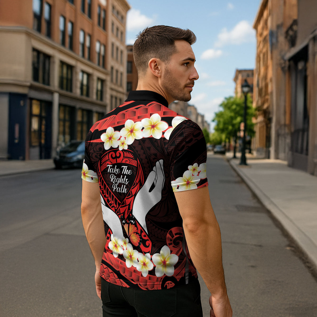 Polynesia AIDS Support Zipper Polo Shirt Take The Rights Path Polynesian Pattern