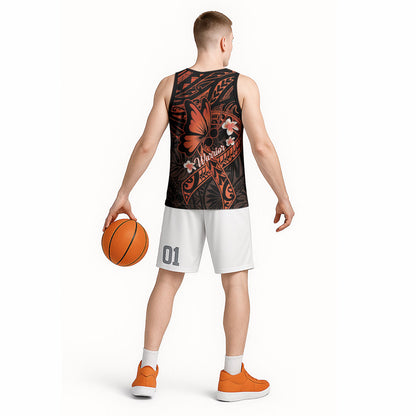 Polynesia Leukemia Warrior Basketball Jersey Butterfly Polynesian Orange Ribbon