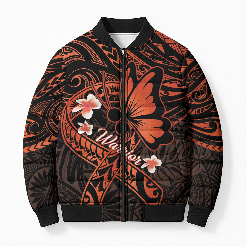 Polynesia Leukemia Warrior Bomber Puffer Jacket Butterfly Polynesian Orange Ribbon