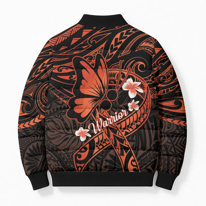 Polynesia Leukemia Warrior Bomber Puffer Jacket Butterfly Polynesian Orange Ribbon