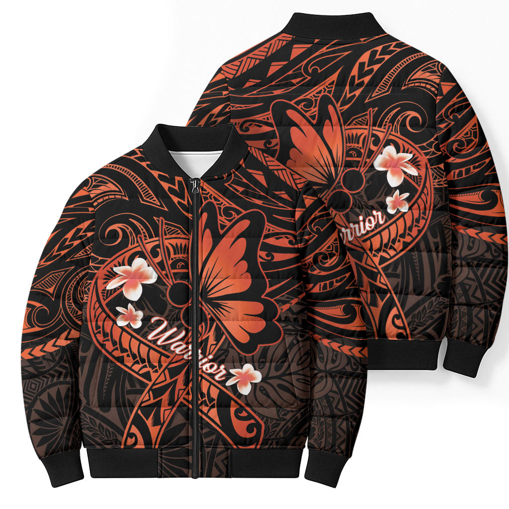 Polynesia Leukemia Warrior Bomber Puffer Jacket Butterfly Polynesian Orange Ribbon