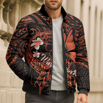 Polynesia Leukemia Warrior Bomber Puffer Jacket Butterfly Polynesian Orange Ribbon