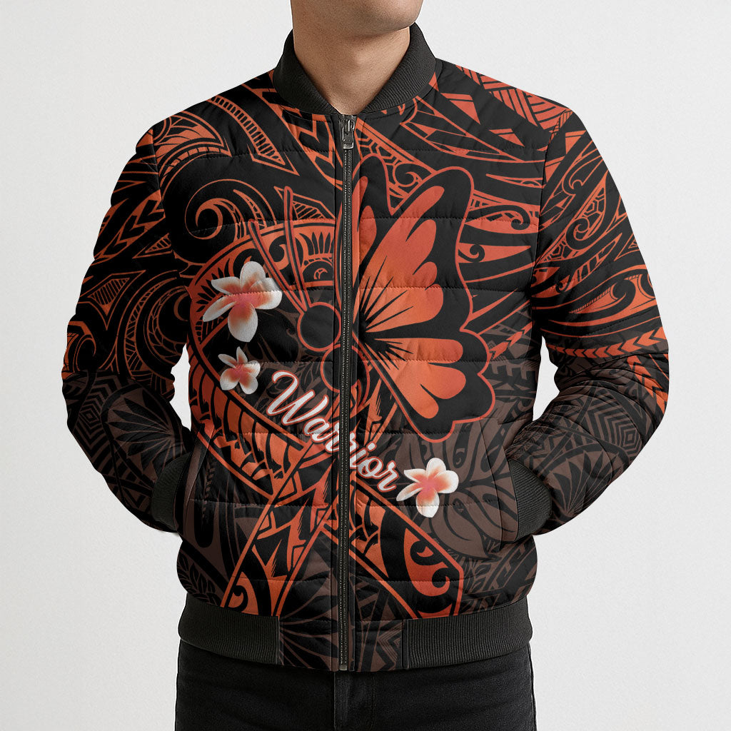 Polynesia Leukemia Warrior Bomber Puffer Jacket Butterfly Polynesian Orange Ribbon
