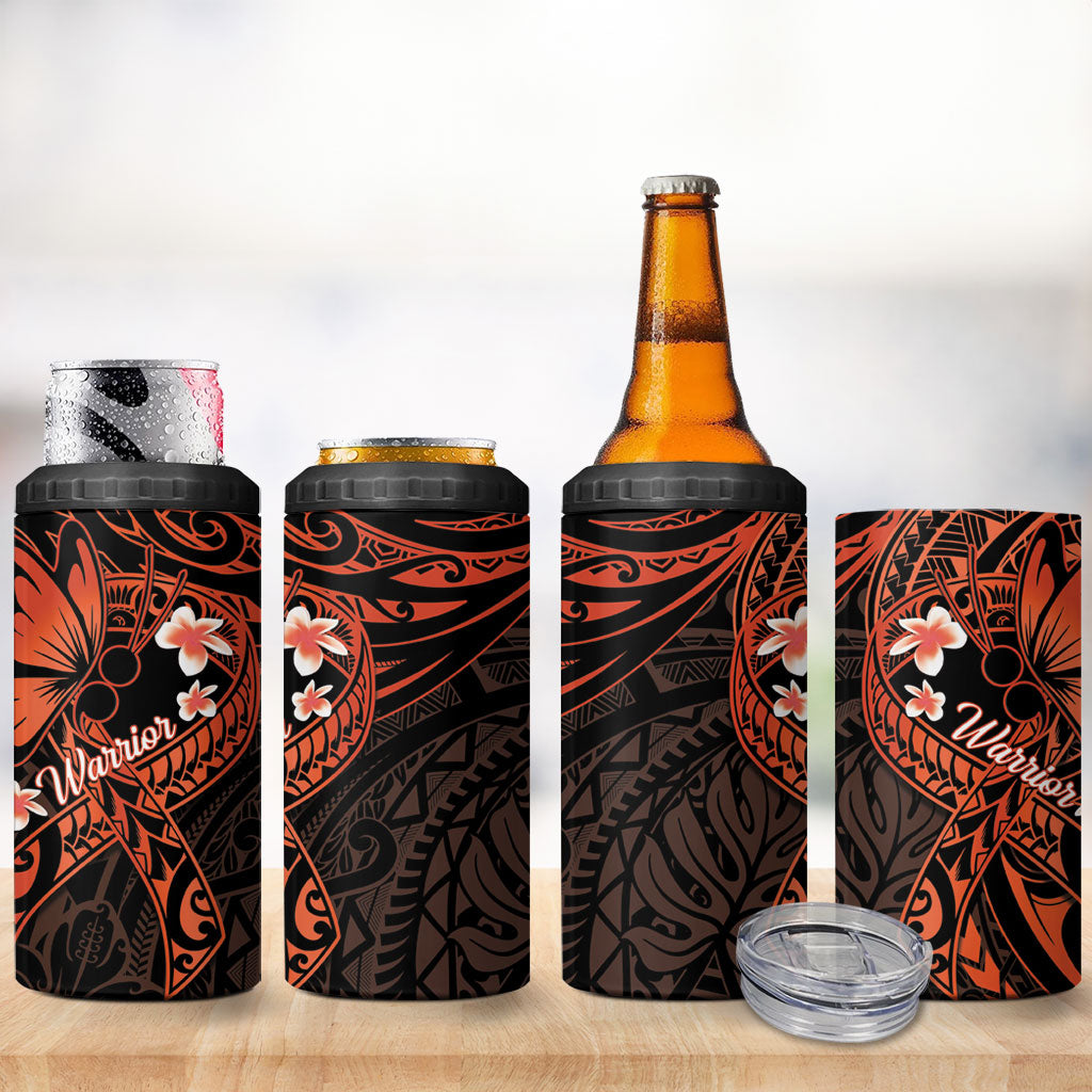 Polynesia Leukemia Warrior 4 in 1 Can Cooler Tumbler Butterfly Polynesian Orange Ribbon