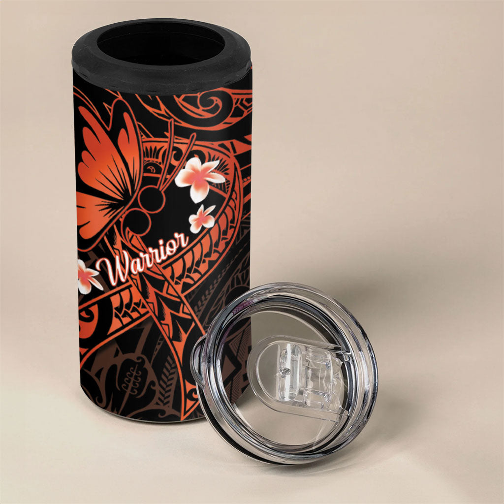 Polynesia Leukemia Warrior 4 in 1 Can Cooler Tumbler Butterfly Polynesian Orange Ribbon