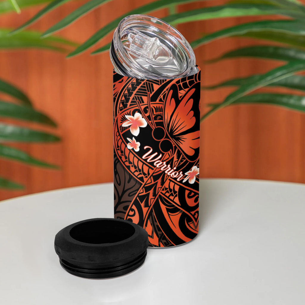 Polynesia Leukemia Warrior 4 in 1 Can Cooler Tumbler Butterfly Polynesian Orange Ribbon