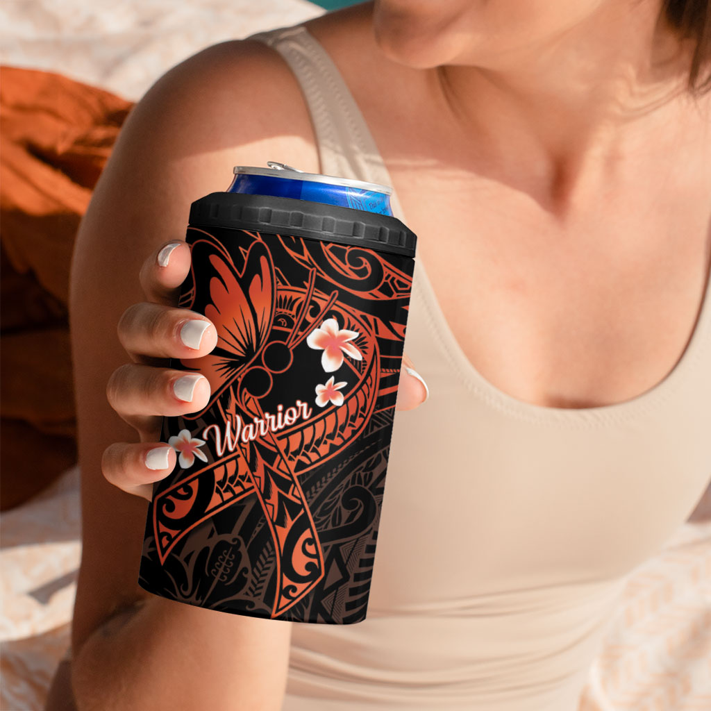 Polynesia Leukemia Warrior 4 in 1 Can Cooler Tumbler Butterfly Polynesian Orange Ribbon