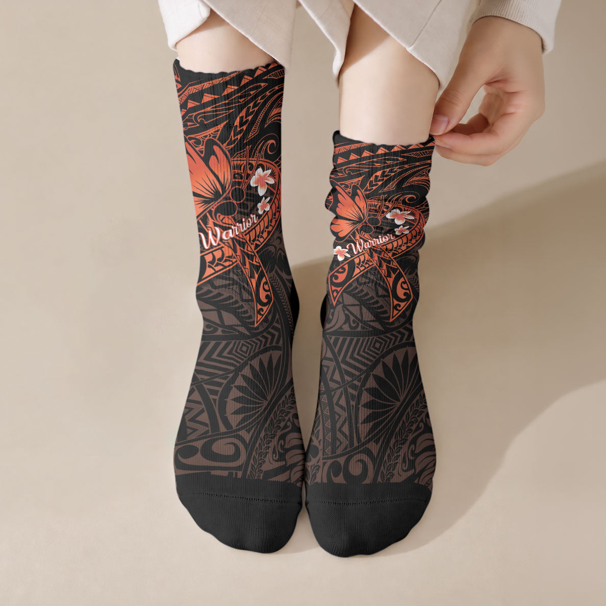 Polynesia Leukemia Warrior Crew Socks Butterfly Polynesian Orange Ribbon