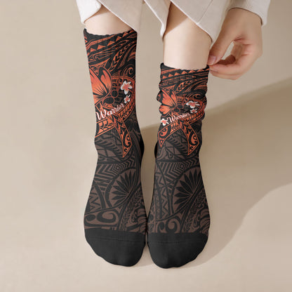 Polynesia Leukemia Warrior Crew Socks Butterfly Polynesian Orange Ribbon