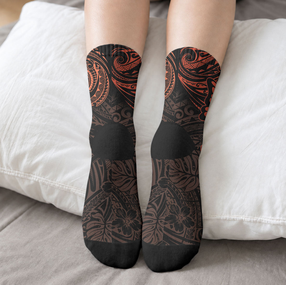 Polynesia Leukemia Warrior Crew Socks Butterfly Polynesian Orange Ribbon