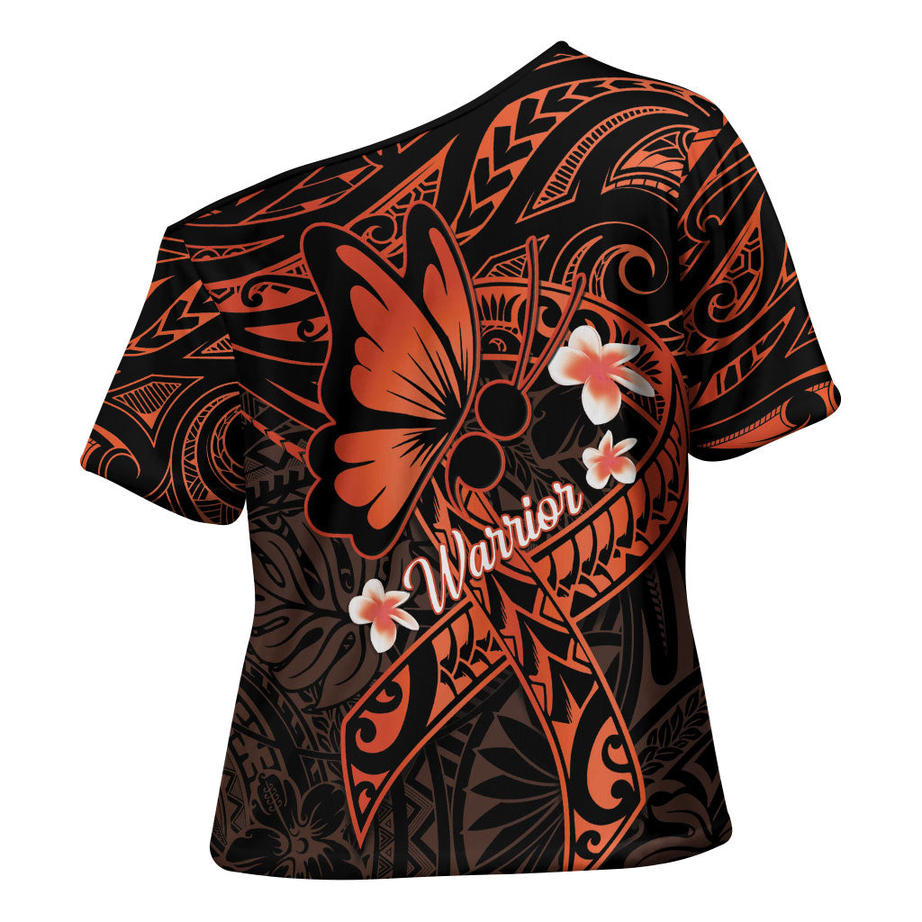 Polynesia Leukemia Warrior Cross Shoulder Shirt Butterfly Polynesian Orange Ribbon