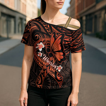 Polynesia Leukemia Warrior Cross Shoulder Shirt Butterfly Polynesian Orange Ribbon