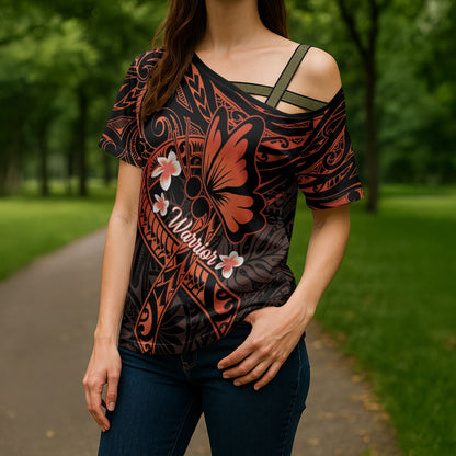 Polynesia Leukemia Warrior Cross Shoulder Shirt Butterfly Polynesian Orange Ribbon