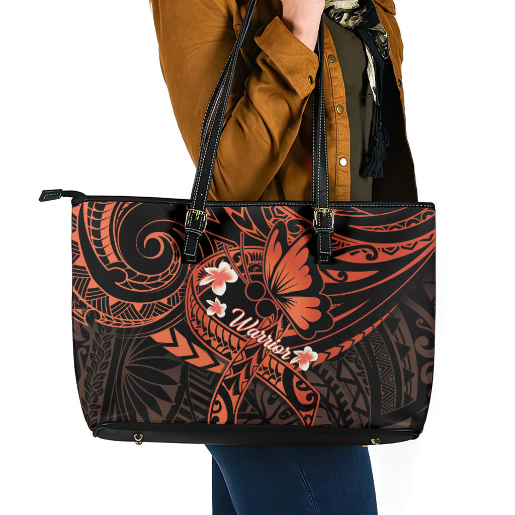 Polynesia Leukemia Warrior Leather Tote Bag Butterfly Polynesian Orange Ribbon
