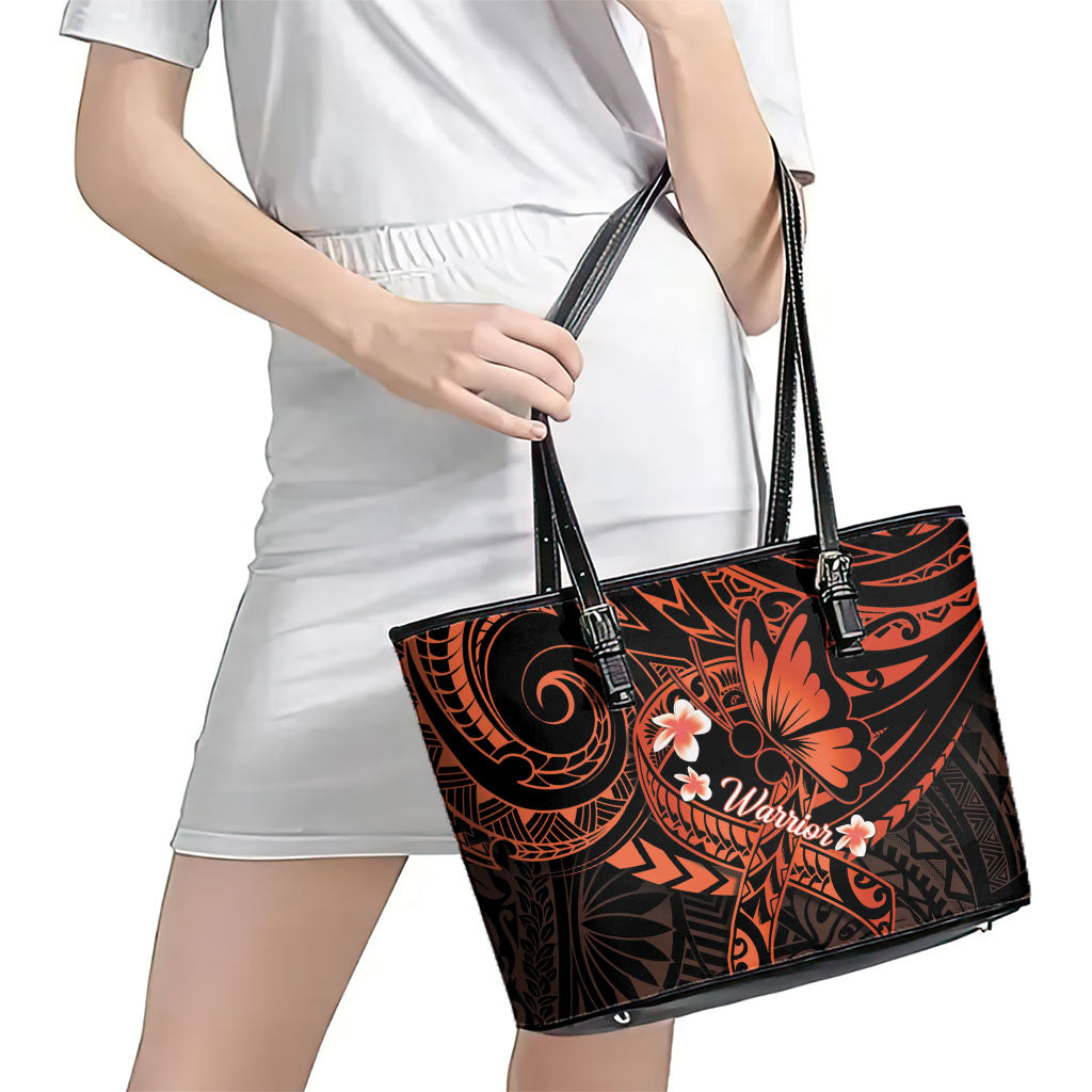 Polynesia Leukemia Warrior Leather Tote Bag Butterfly Polynesian Orange Ribbon