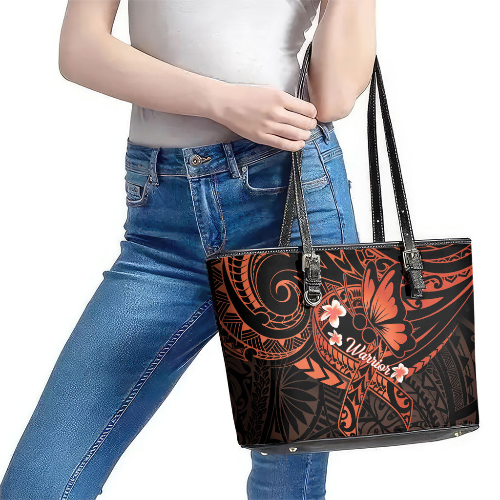 Polynesia Leukemia Warrior Leather Tote Bag Butterfly Polynesian Orange Ribbon