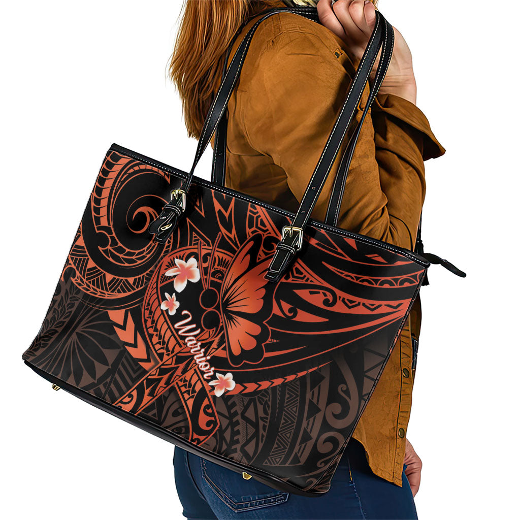 Polynesia Leukemia Warrior Leather Tote Bag Butterfly Polynesian Orange Ribbon