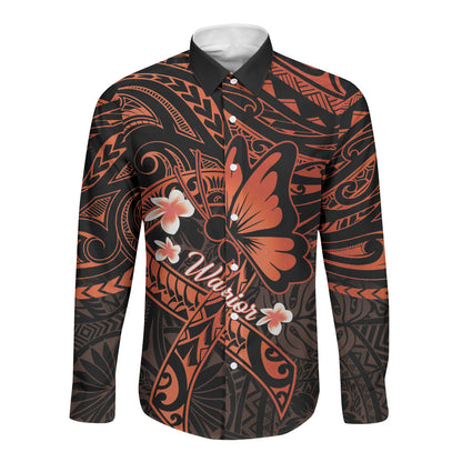 Polynesia Leukemia Warrior Long Sleeve Button Shirt Butterfly Polynesian Orange Ribbon