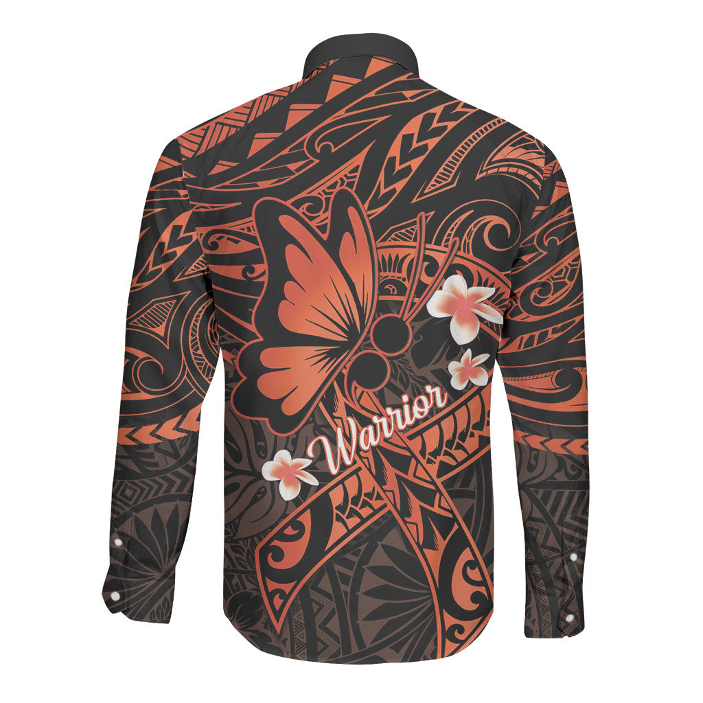 Polynesia Leukemia Warrior Long Sleeve Button Shirt Butterfly Polynesian Orange Ribbon